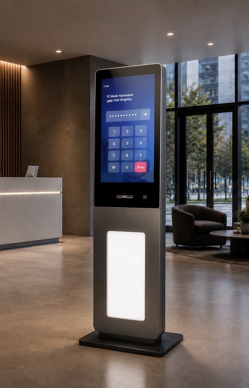 Sıramatik kiosk cihazı modern bekleme alanında